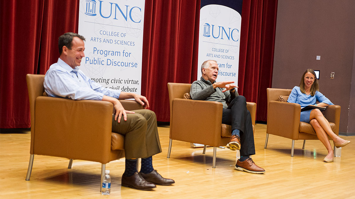 From left: Cal Cunningham ’96 ’99 (Law), Sen. Thom Tillis (R-N.C.) and moderator and Program for Public Discourse faculty director Sarah Treul, a Bowman and Gordon Gray Distinguished Term Professor of Political Science, during the Abbey Speaker Series event on Nov. 10. (Cammel Hurse)